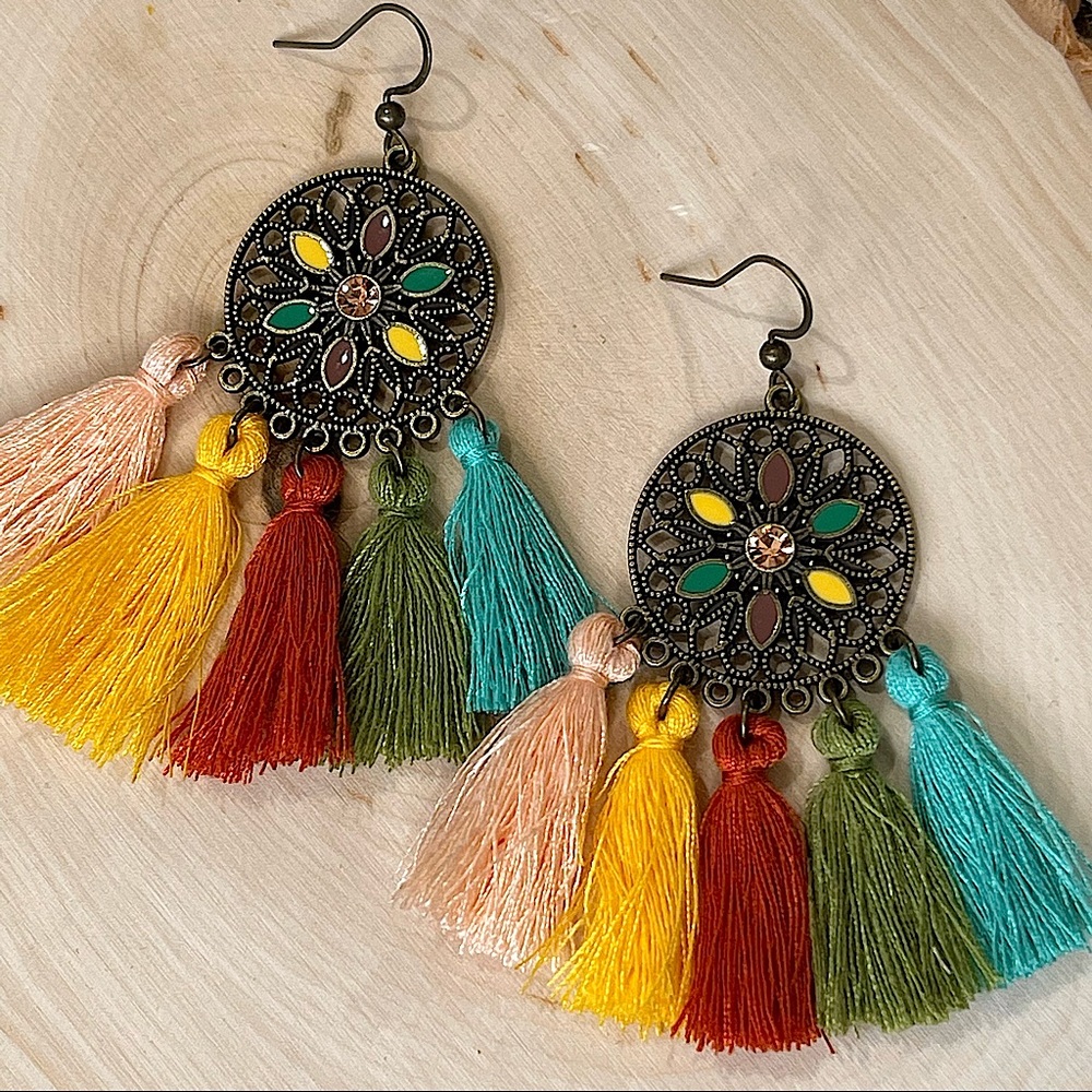 BOHO carnival HANGING TASSELS open floral DANGLING earrings Artsy vibrant chic